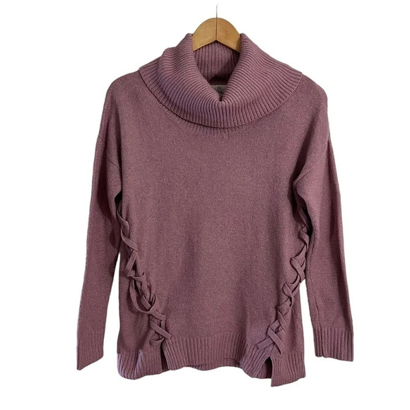 Pink Rose Dusty Purple Turtleneck Sweater Large Ribbed Trim Tight Knit Slit Side - Picture 1 of 5